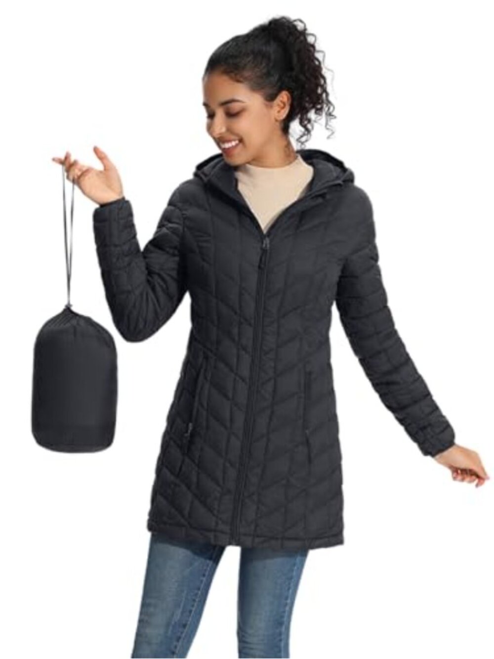 Packable Lightweight Puffer Jacket Mid-Length Quilted Winter Coat Hood